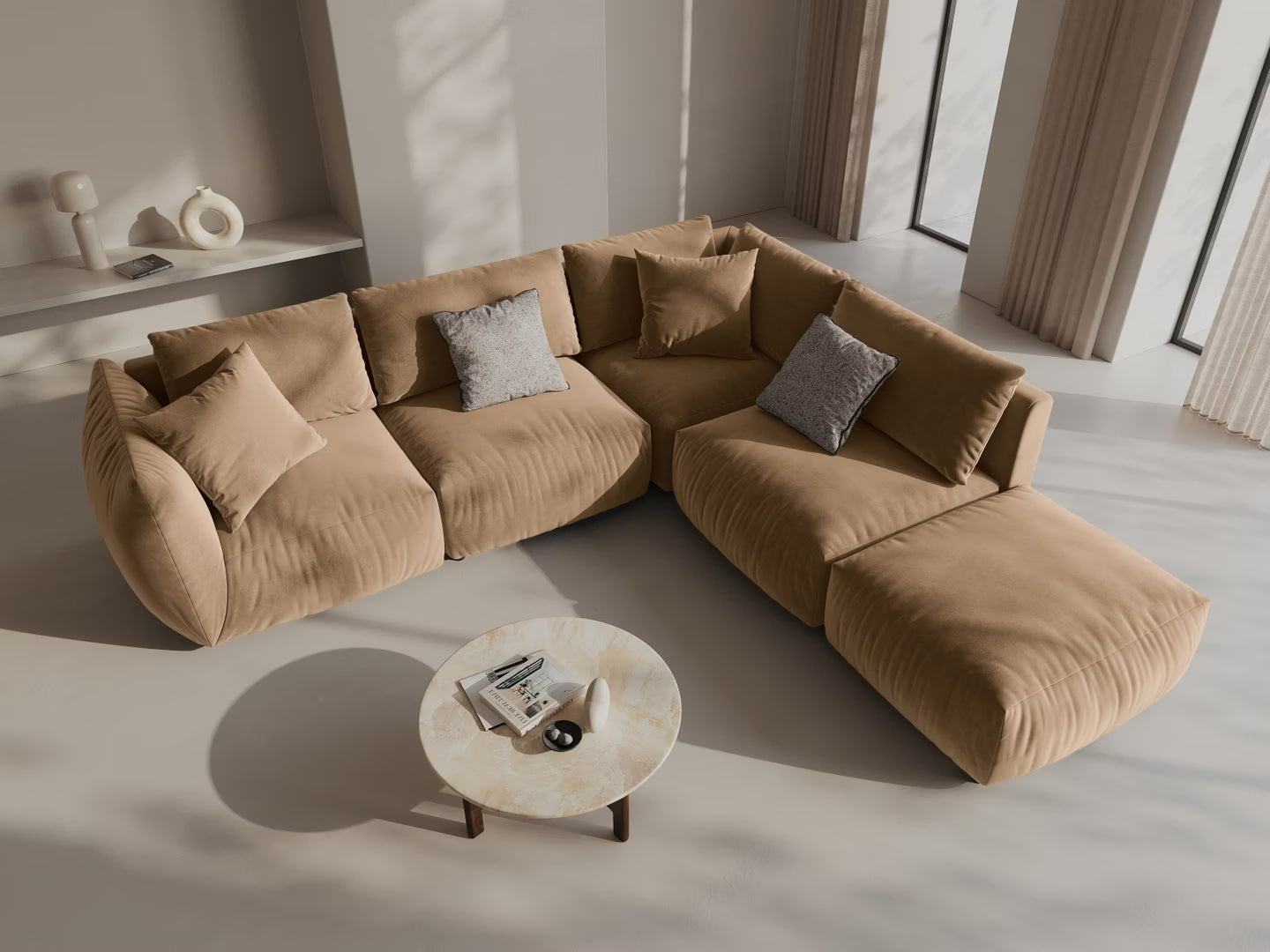 Modulares Samtsofa für 4 Personen, linksseitig, CHRIS, sandfarben