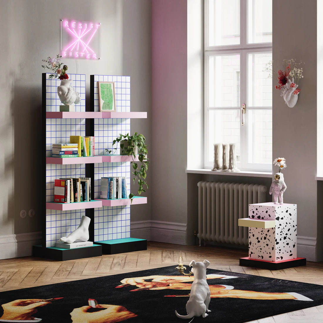 Regal SUPERSHELF BLUE GRID weiß mit Rosa und Grün