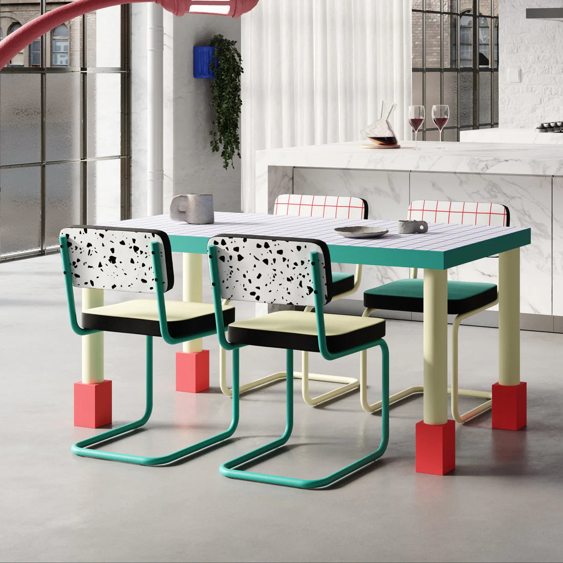 Tafel SUPERTABLE BLAUW RASTER geel met turquoise
