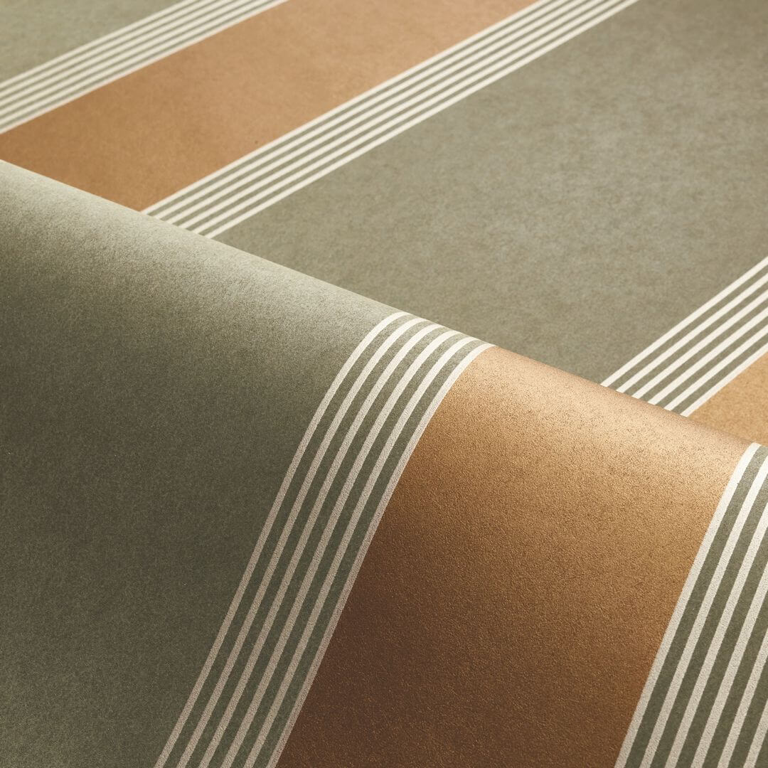 Wallpaper with geometric striped pattern AUTEUIL - DARK GREEN with YELLOW