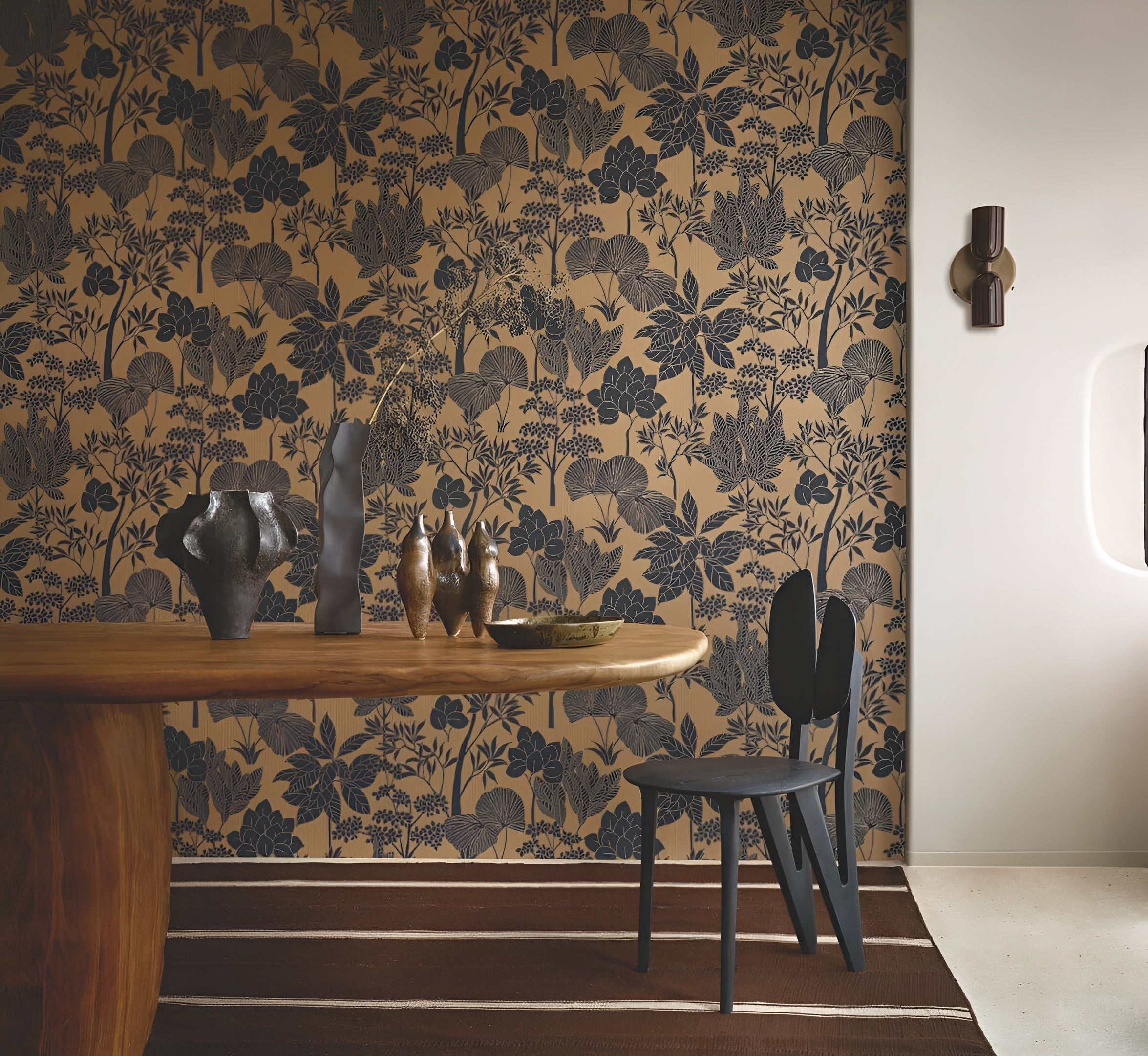 Structural wallpaper with a plant pattern of leaves and flowers INARA - KAKI/DORÉ green