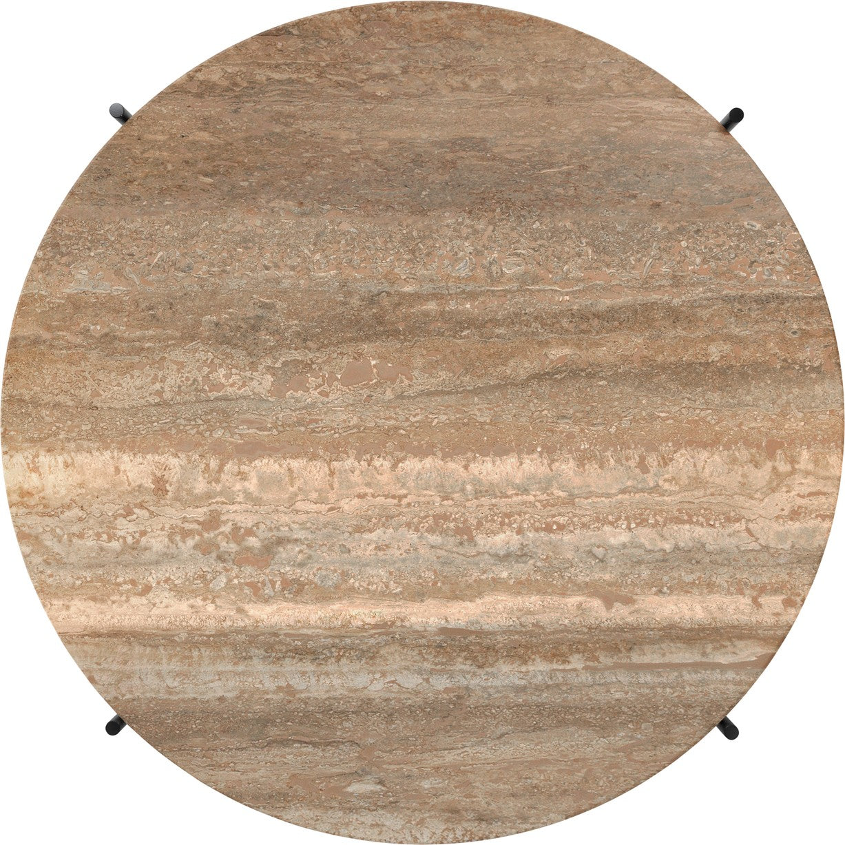 Runder Couchtisch TS aus sandfarbenem Travertin mit schwarzem Gestell