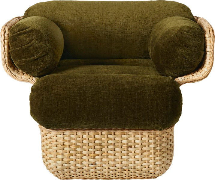 BASKET armchair in green with rattan