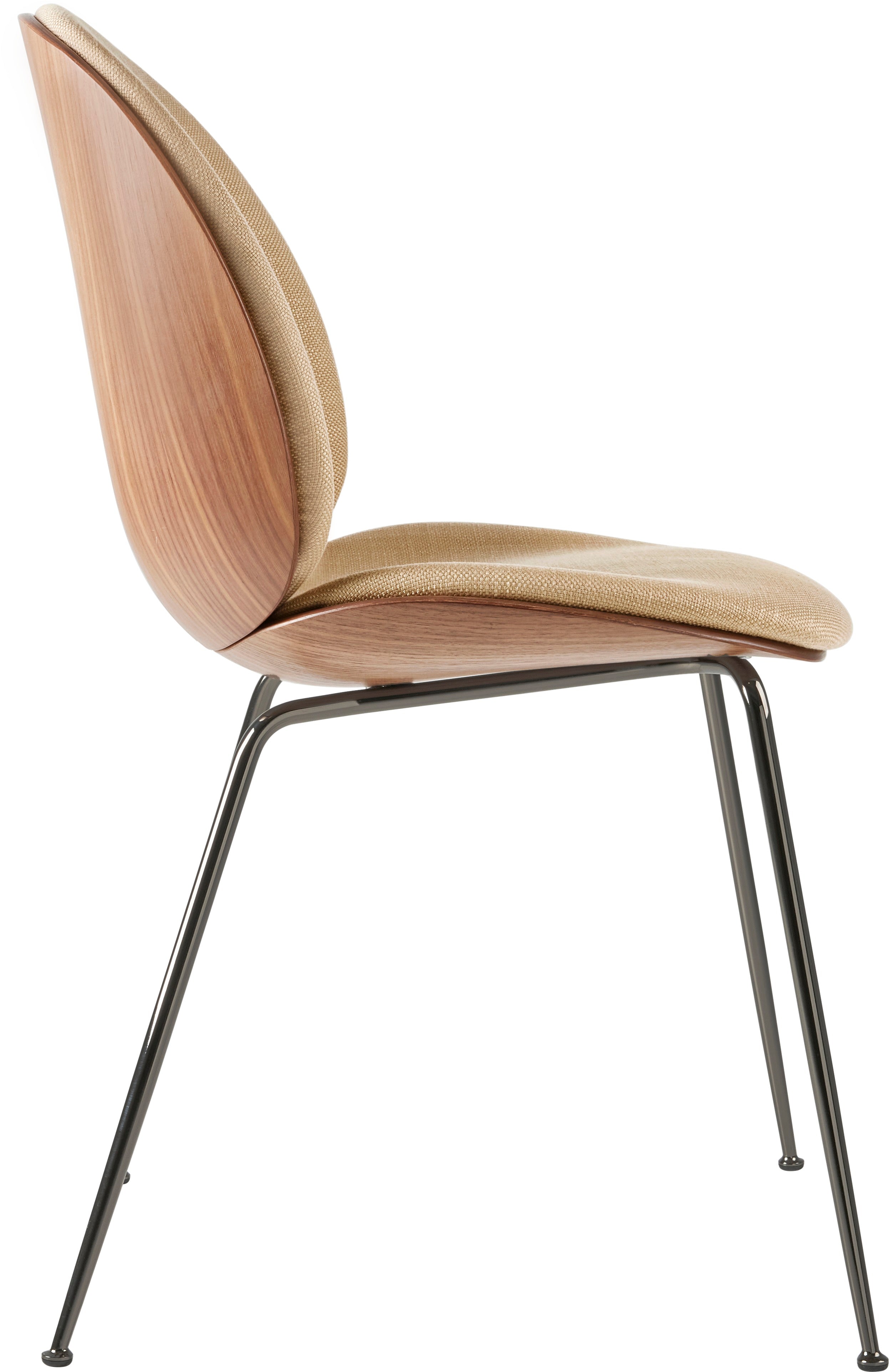 Beetle stoel, gestoffeerd met notenhout en een zwarte verchroomde basis