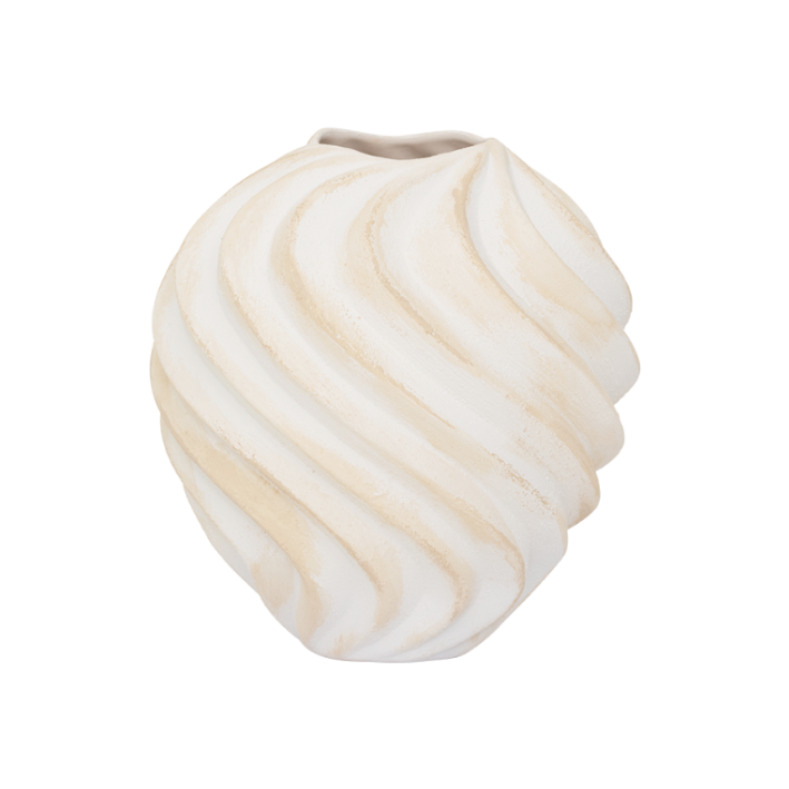 RIBBED Beige Ceramic Vase with White