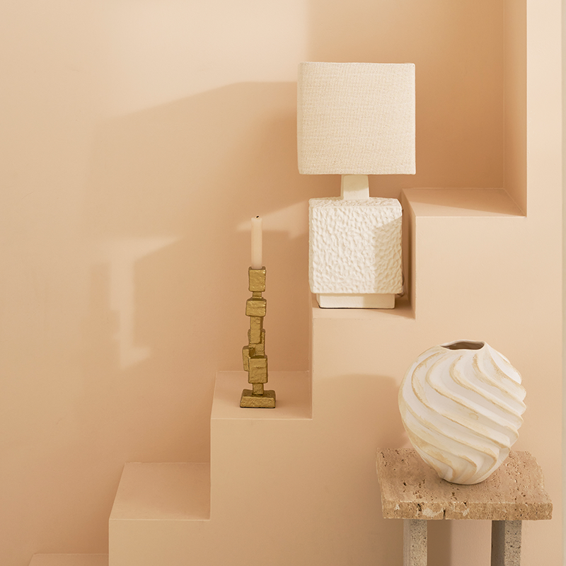RIBBED Beige Ceramic Vase with White