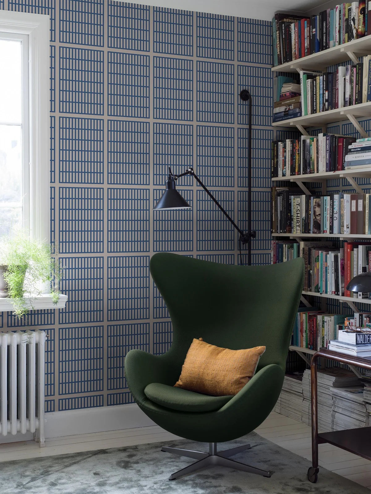 Geometrisch patroon behang ALVAR AALTO 14/6 wit met blauw