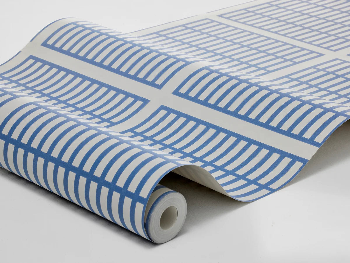 Geometrisch patroon behang ALVAR AALTO 14/6 wit met blauw