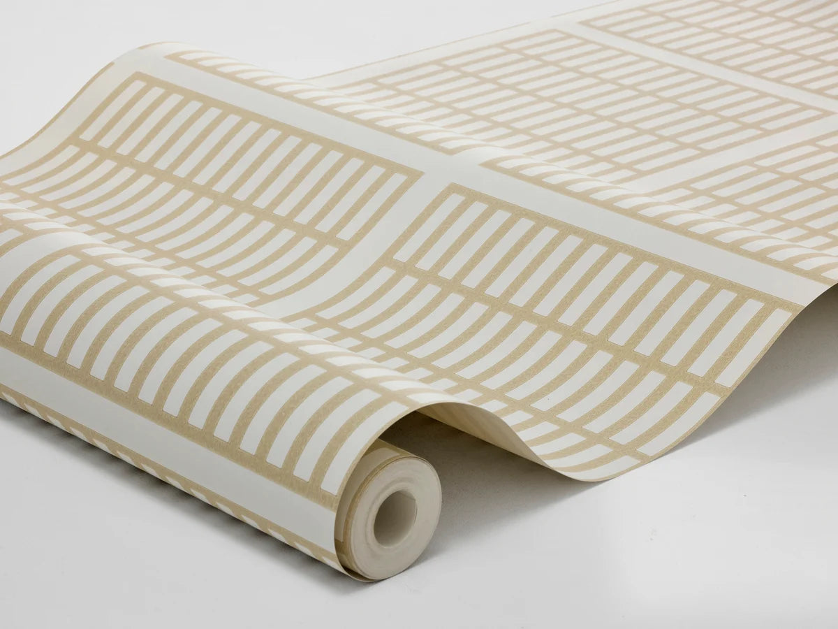 Beige behang met geometrisch patroon ALVAR AALTO 14/6 met wit