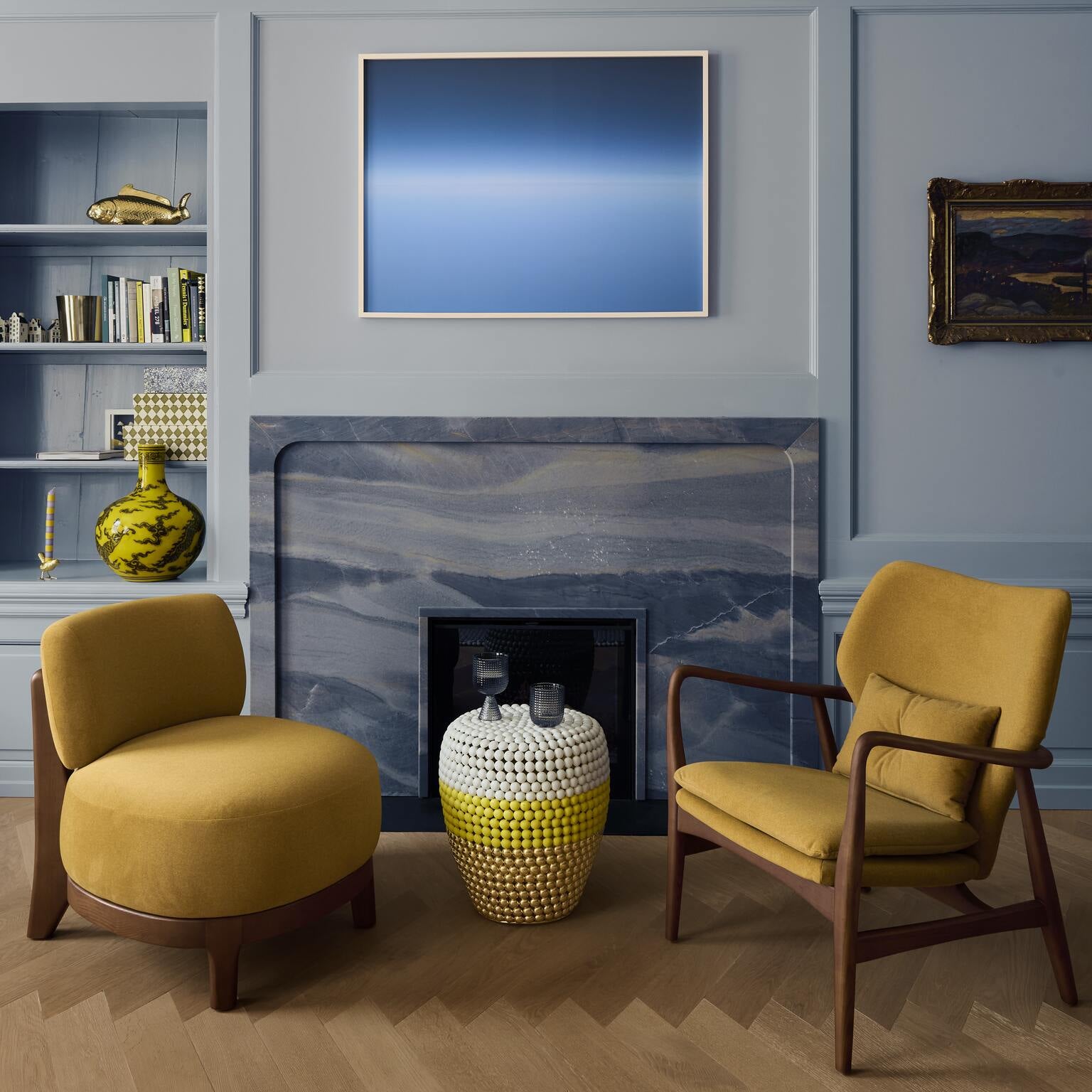 PEGGY mustard armchair with wooden base