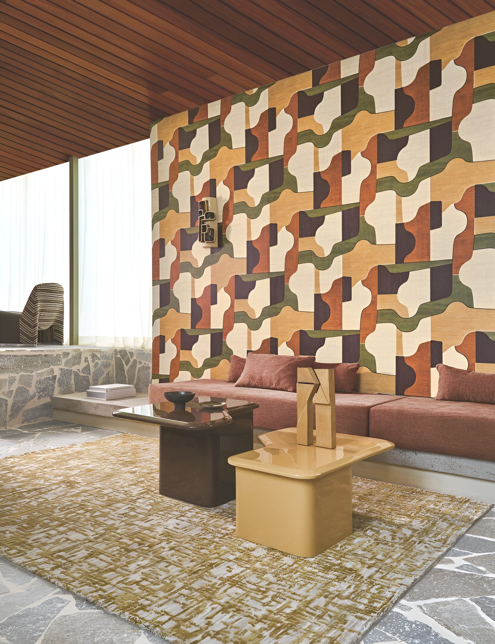 Structural wallpaper imitating wood with a geometric pattern MODERNISMO - AMBRE/KAKI green with amber