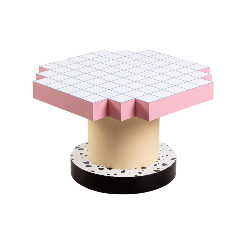 Koffietafel SUPERCOFFEE BLAUW RUIT roze met geel