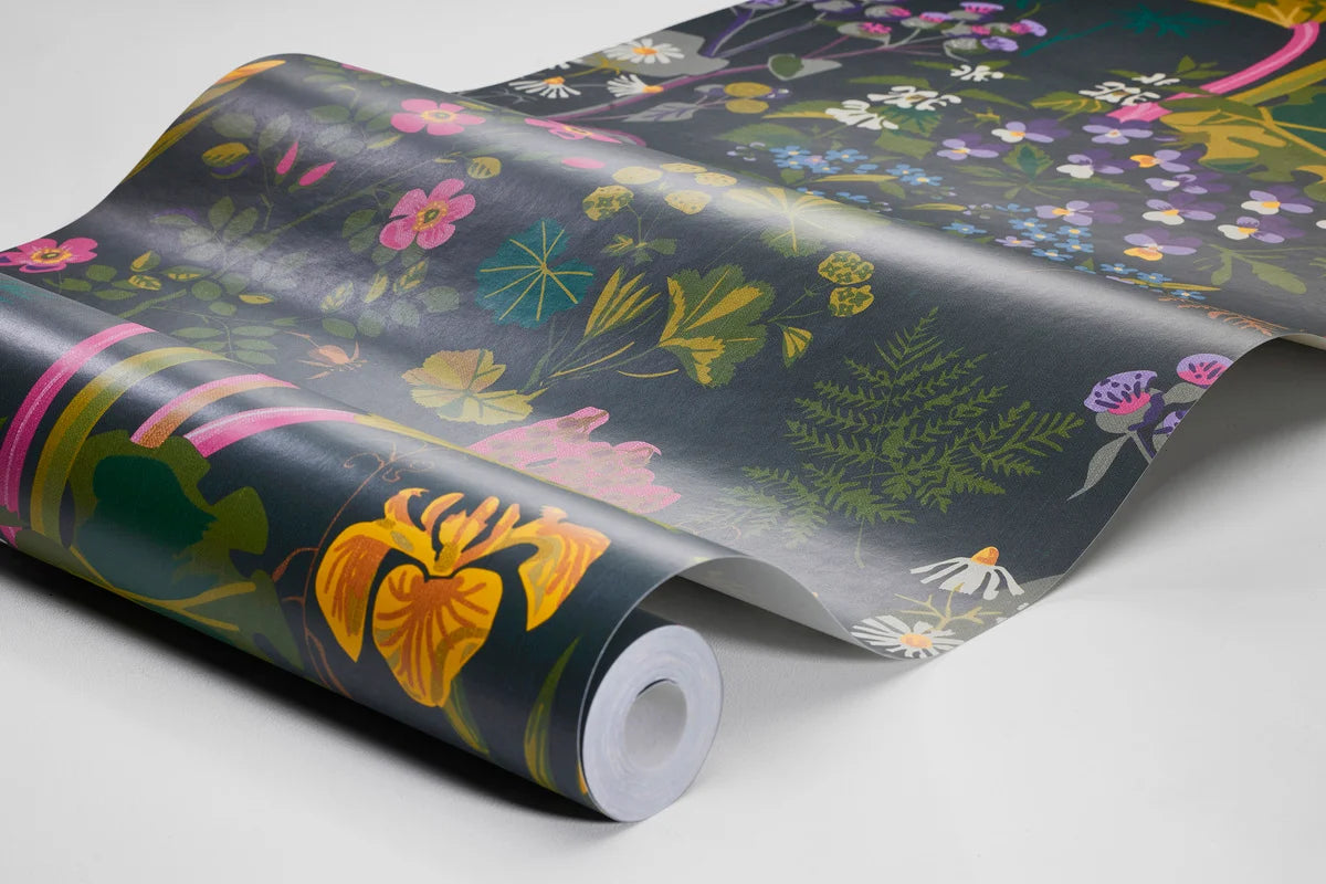 Behang met een plantaardig bloemenpatroon GOCKEN JOBS RABARBER donkerblauw