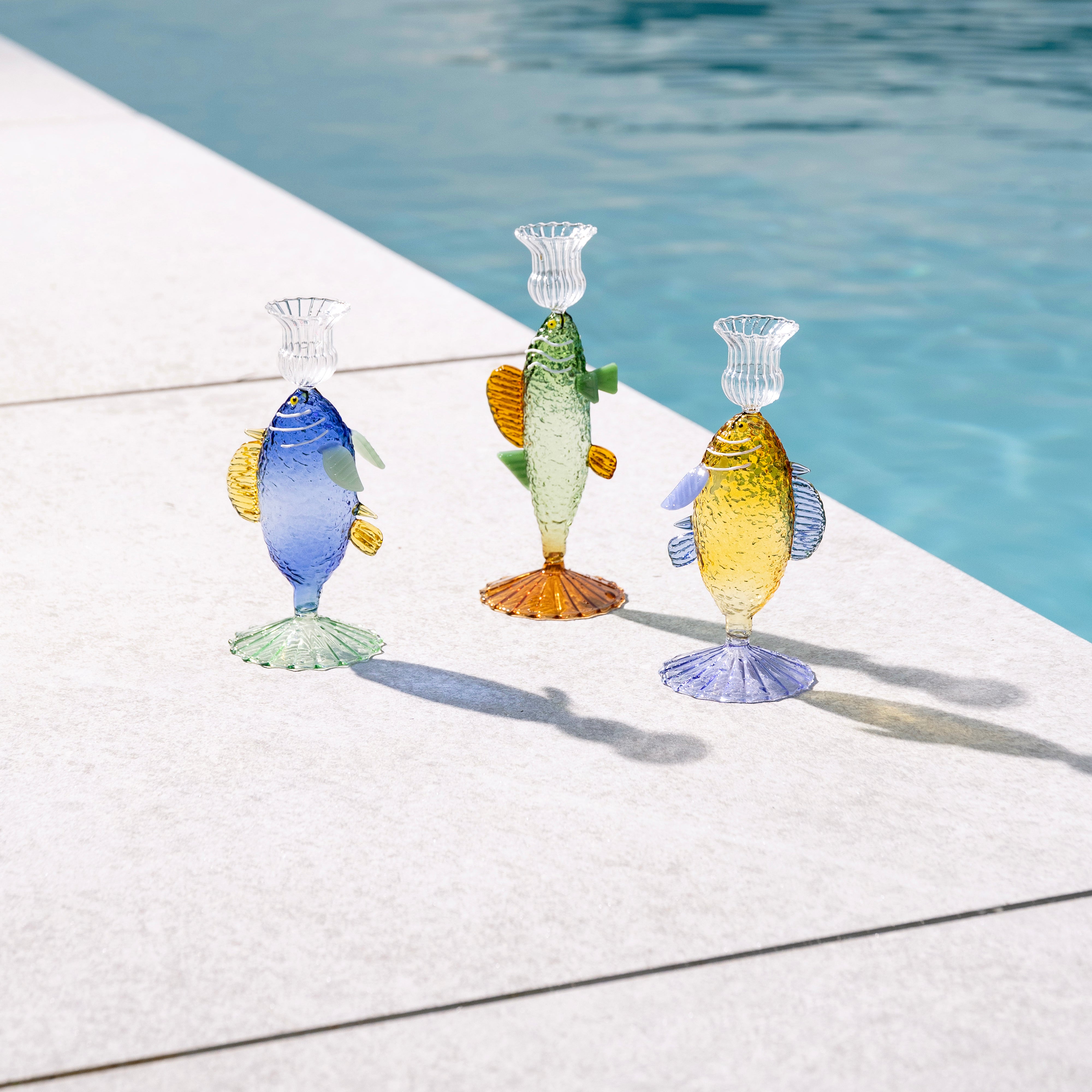 Glas-Teelichthalter FISCH blau mit grün und gelb