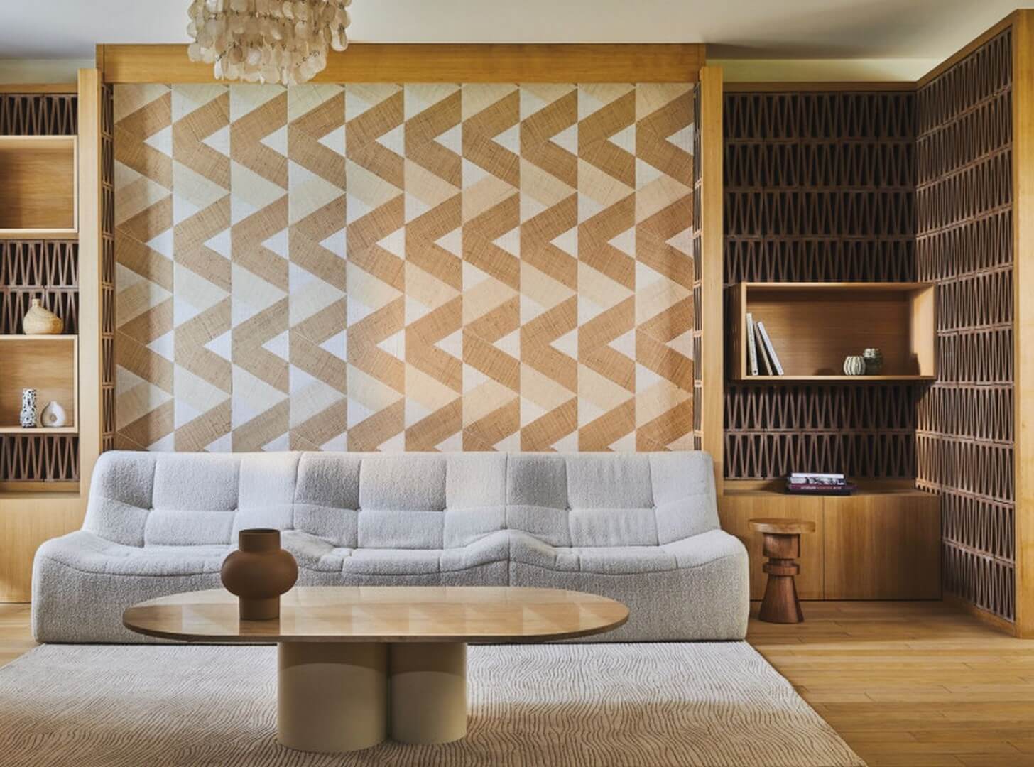 Natuurlijke wandbekleding met geometrisch patroon van raffia SOLAL - NATUREL lichtbruin met beige