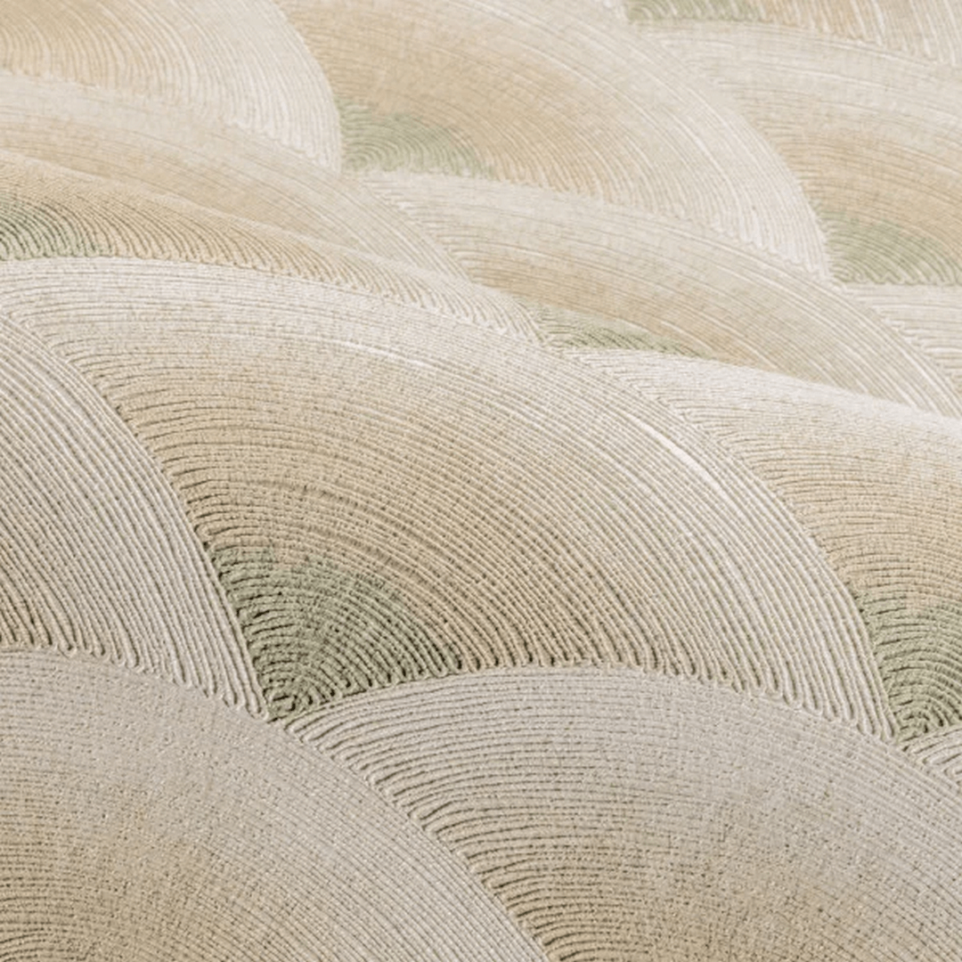 Structural wallpaper imitating geometric embroidery in wave pattern NAMI - SABLE/EUCALYPTUS sandy beige with green