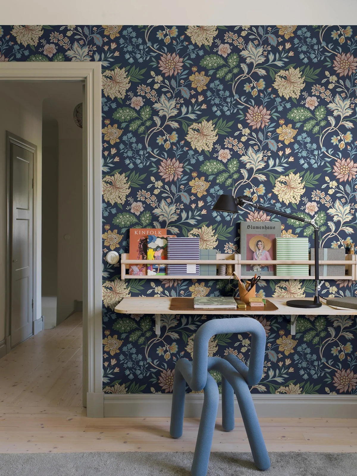 Non-woven paper wallpaper with a plant pattern ALICIA dark blue with yellow