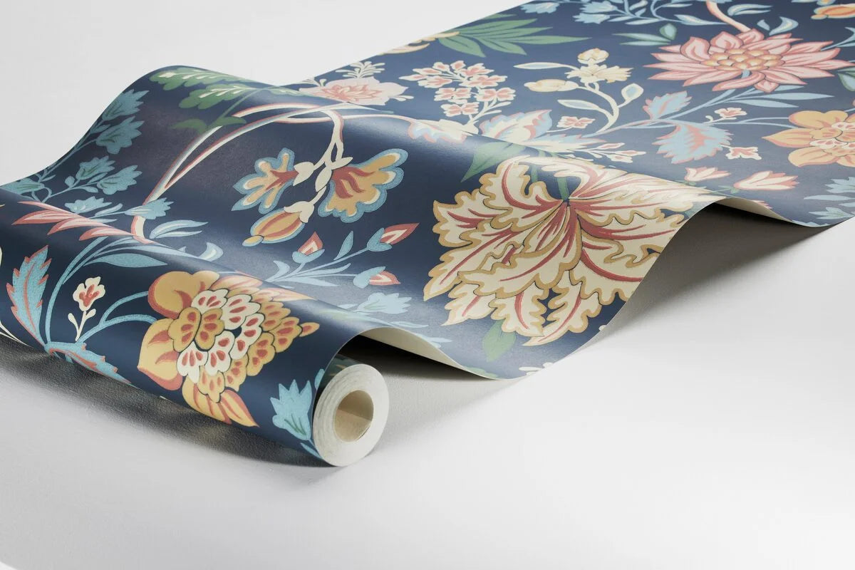 Non-woven paper wallpaper with a plant pattern ALICIA dark blue with yellow