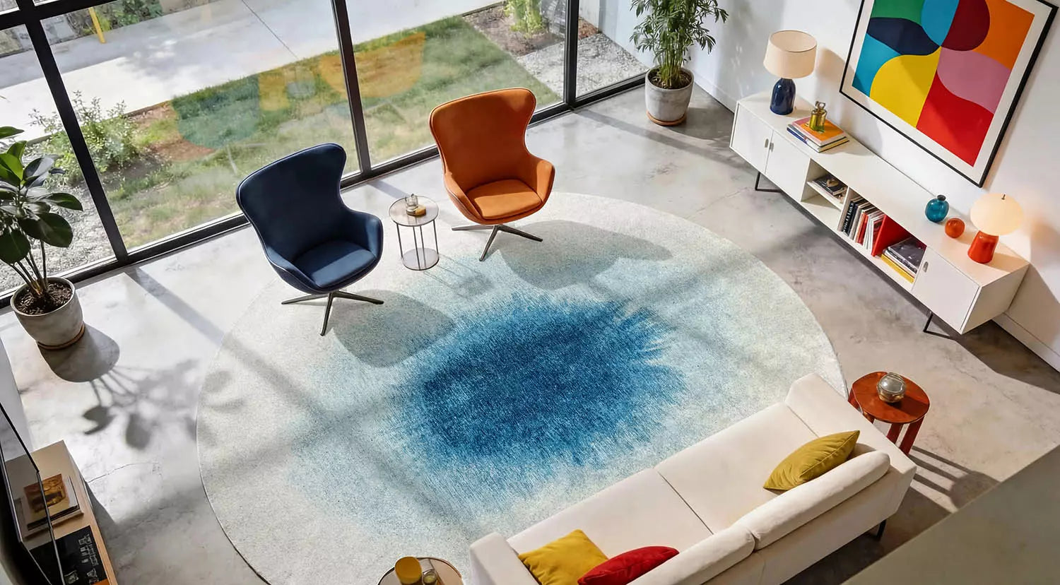 Round DROP rug white with blue