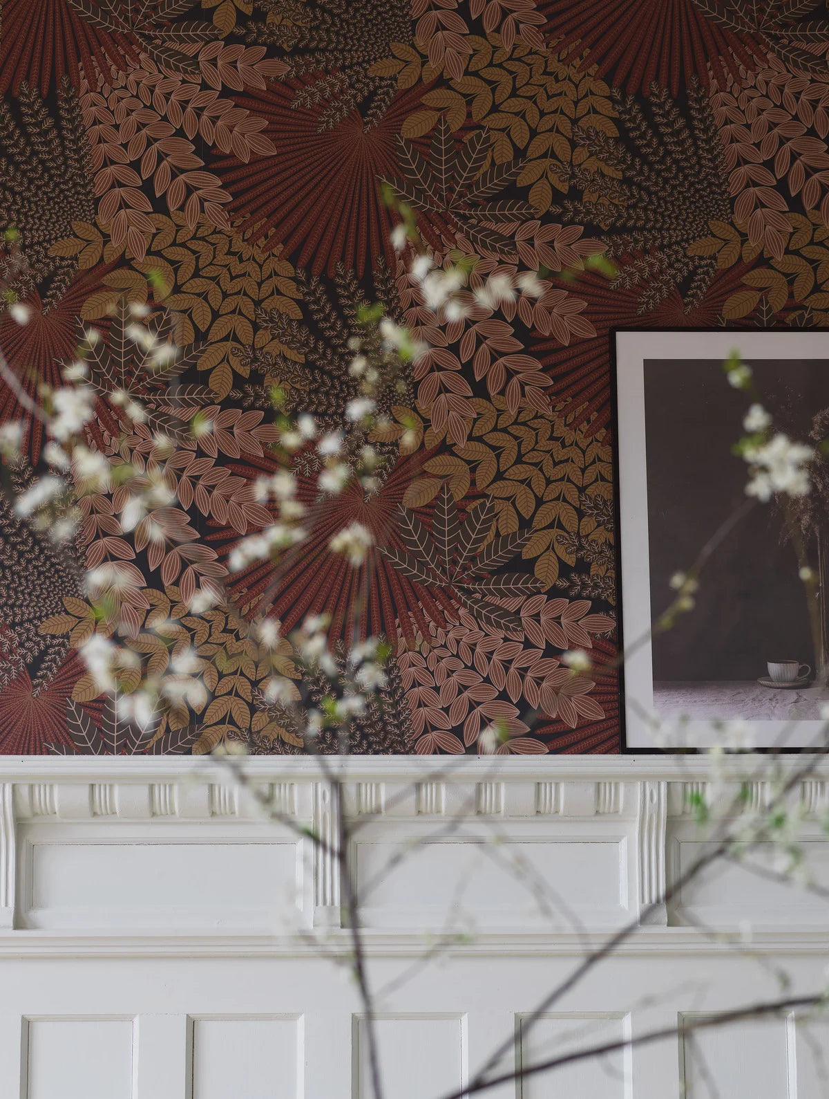 Orange Velvet Leaves Floral Wallpaper with Red