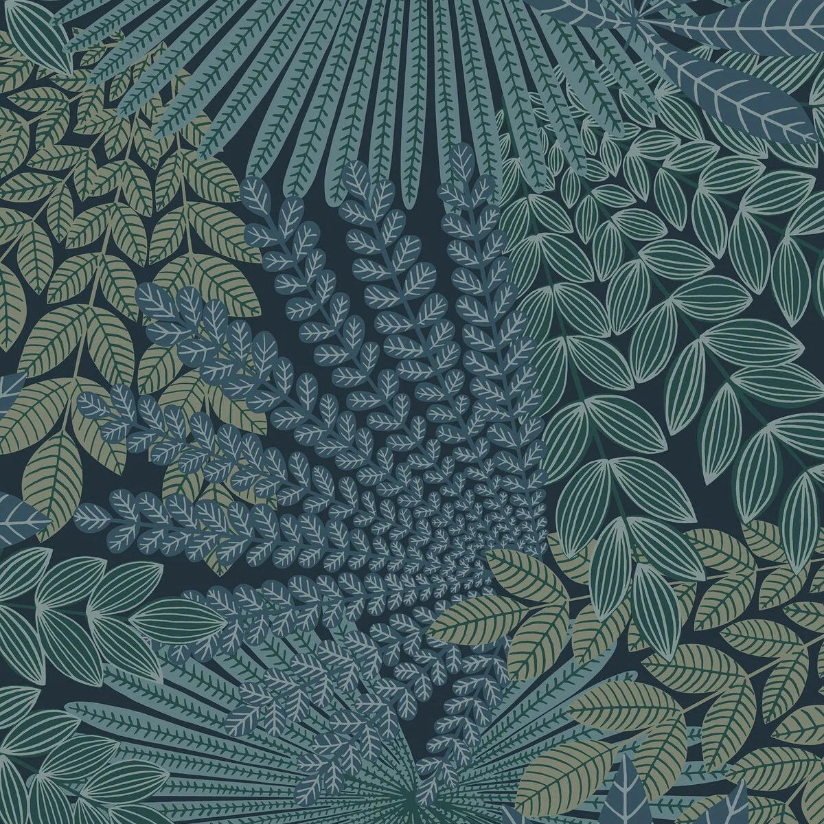 Velvet Leaves Plant Motif Wallpaper in Navy Blue and Green