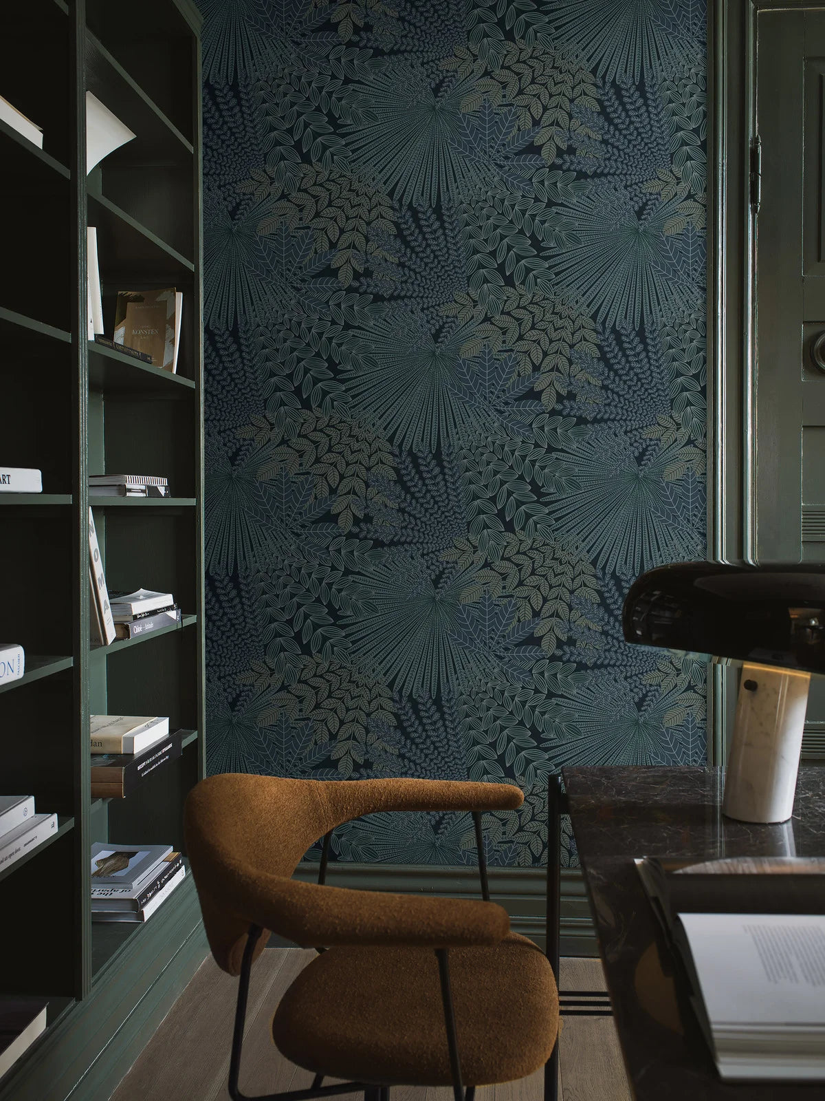 Velvet Leaves Plant Motif Wallpaper in Navy Blue and Green