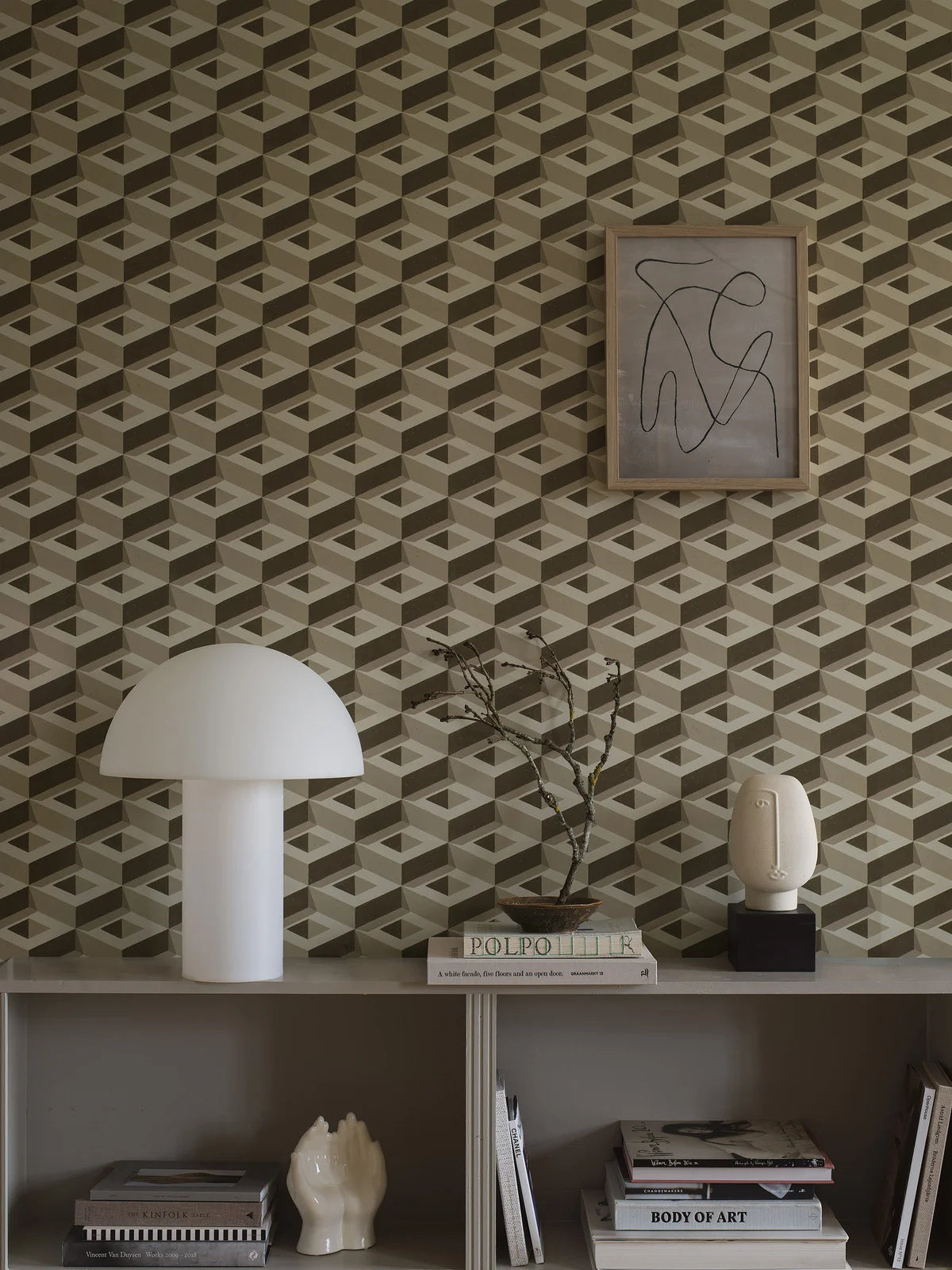 Beige 3D BOXES geometrische muurschildering met bruin