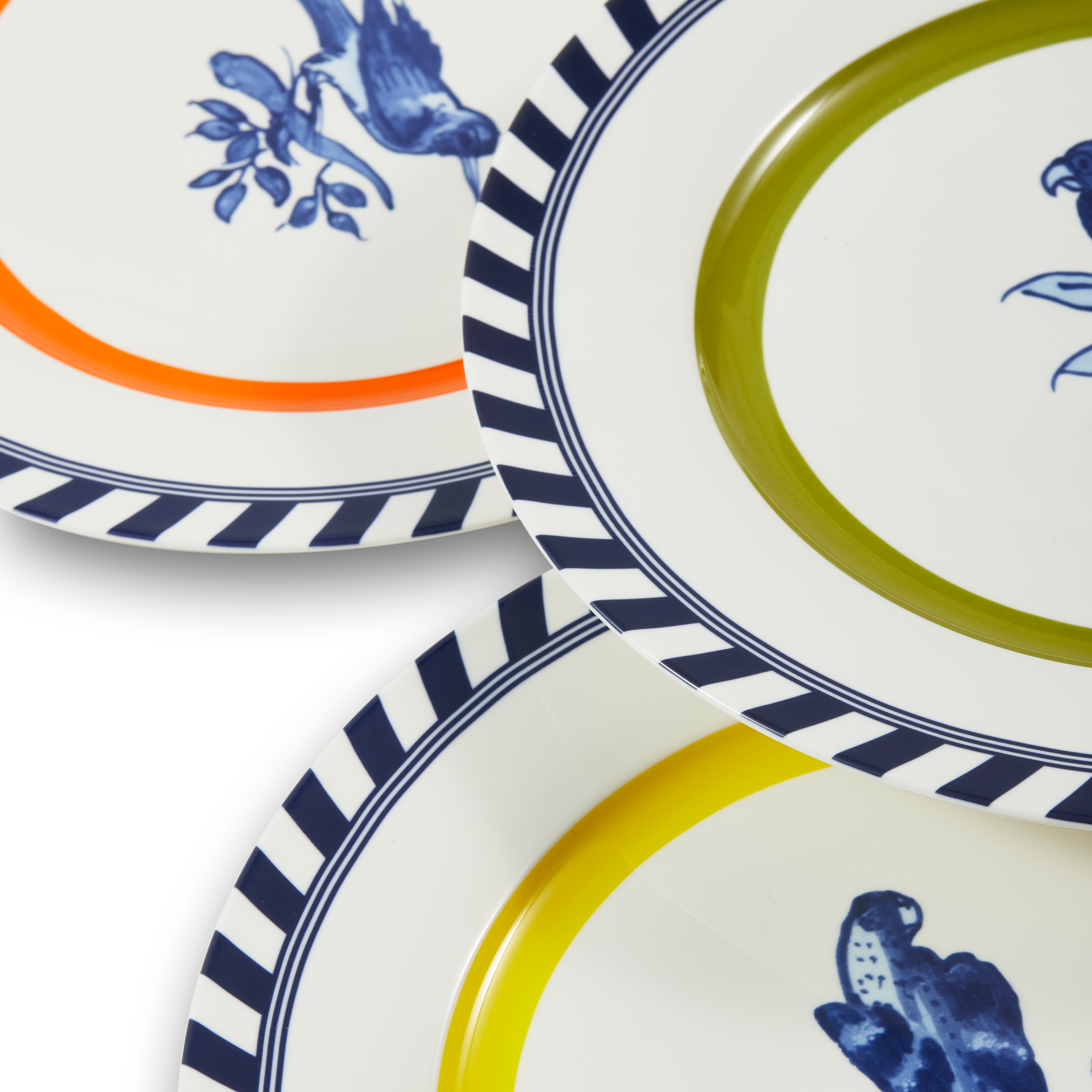 Bird Patterned Plate Set White with Olive and Blue
