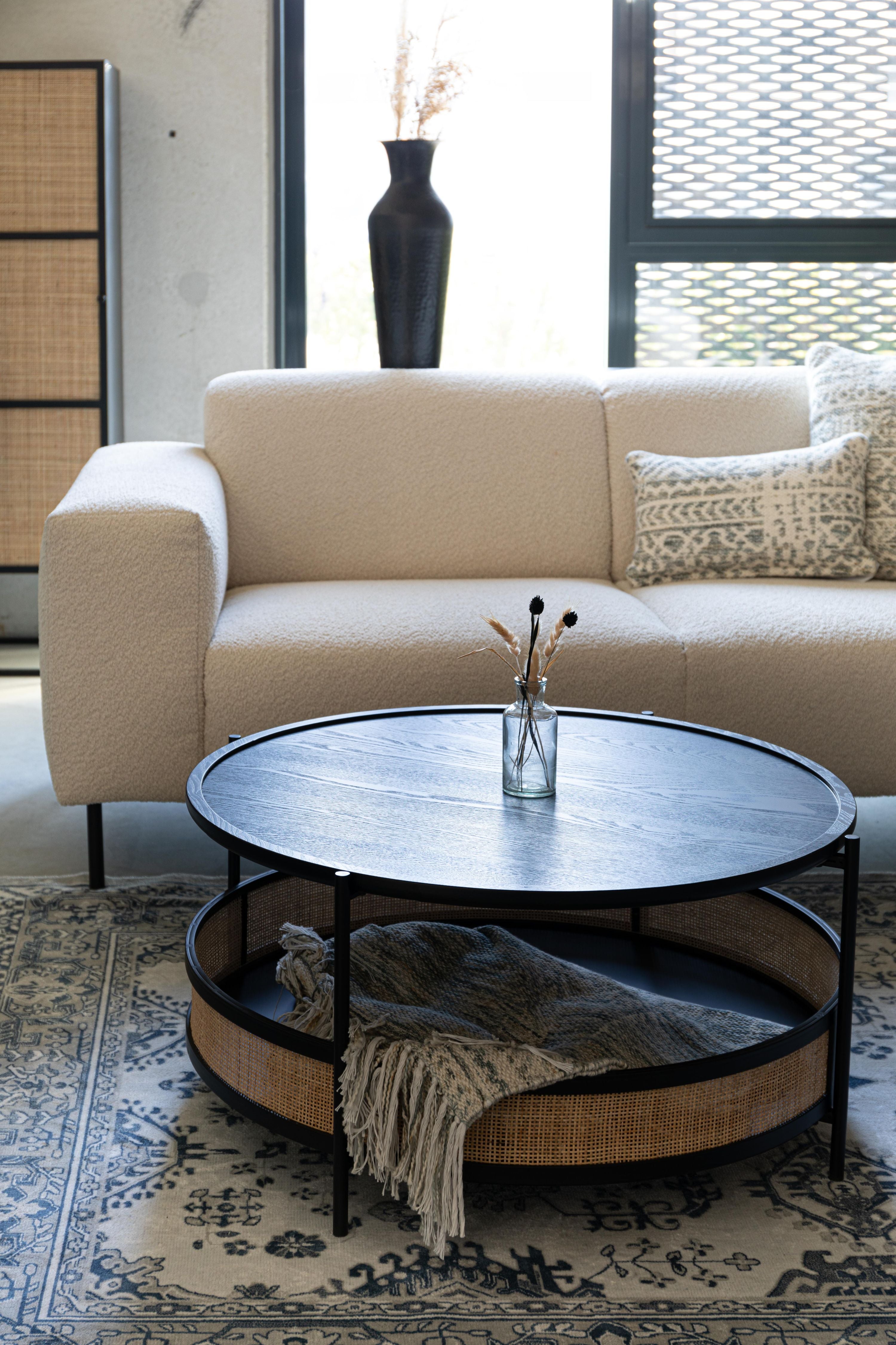 Ronde koffietafel MAKOTO zwart met riet
