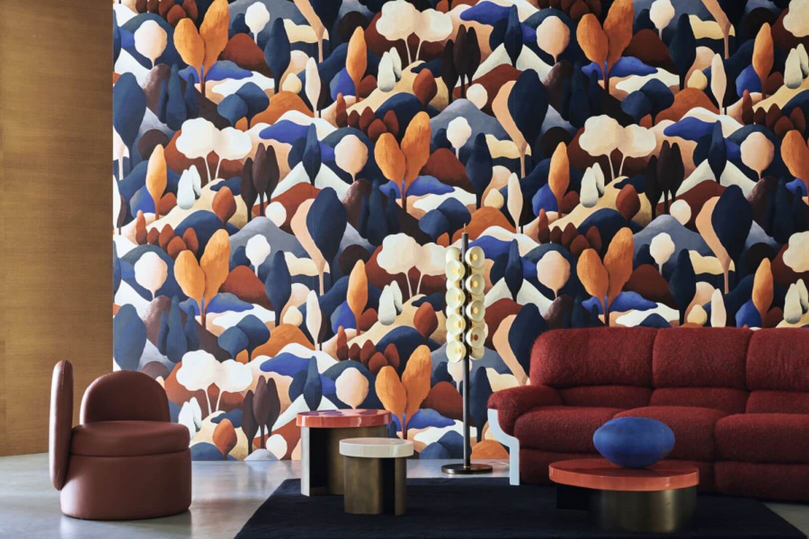 Textile wallpaper with a plant motif ORÉE - ELECTRIC BLUE/MAHOGANY blue with orange