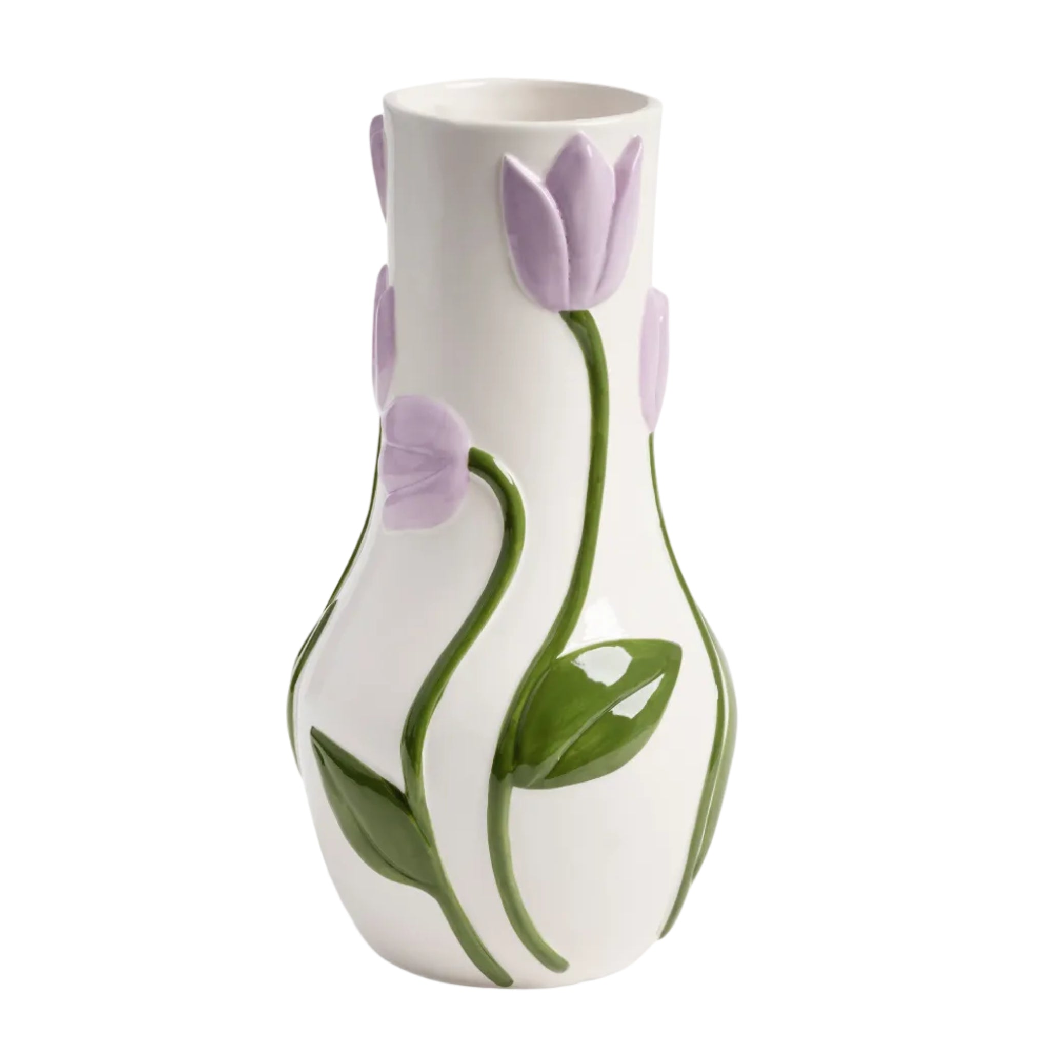 White TULIP vase with green and purple