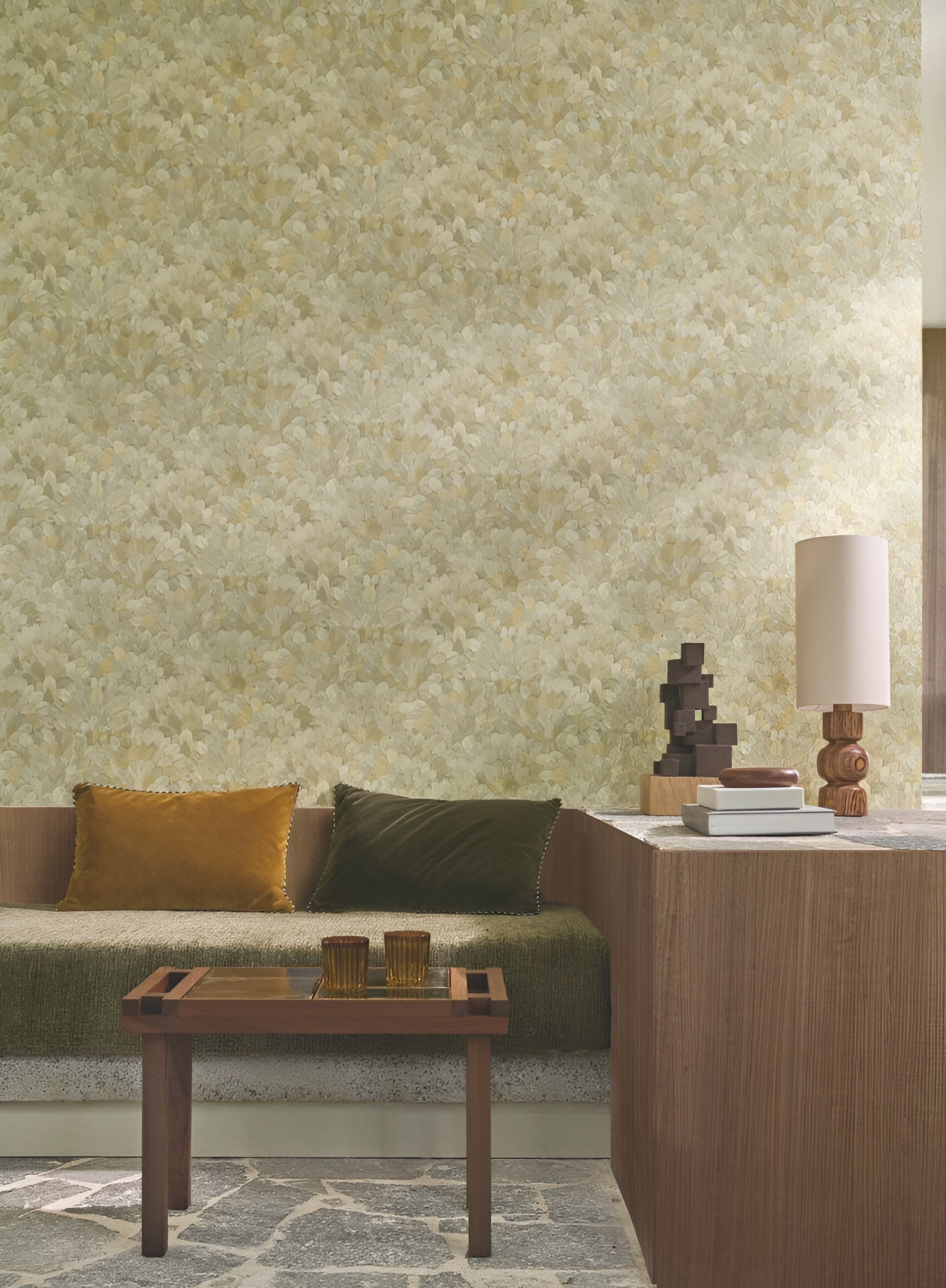 Structural wallpaper with a plant motif of guava leaves FEIJOA - Beige TRAVERTINE
