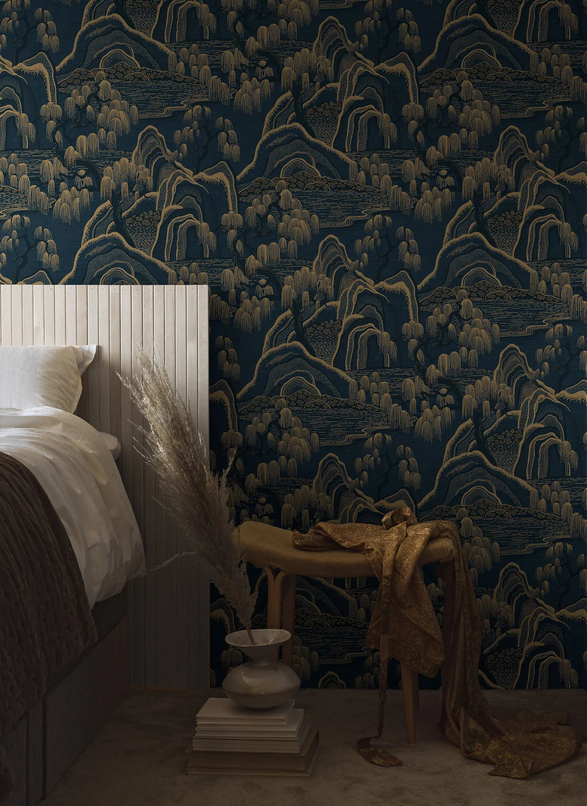 Non-woven paper wallpaper with INDIGO GARDEN landscape in navy blue with gold