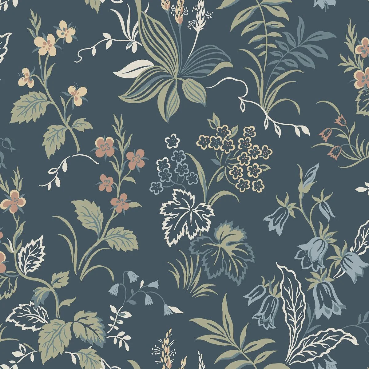 Behang met plantaal motief FOLKLORE marineblauw met groen