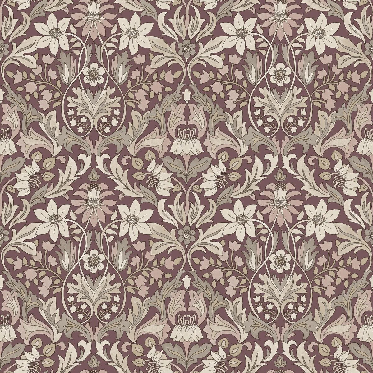Behang met plantenmotief BLOMSTERFRÖJD bordeauxrood met beige