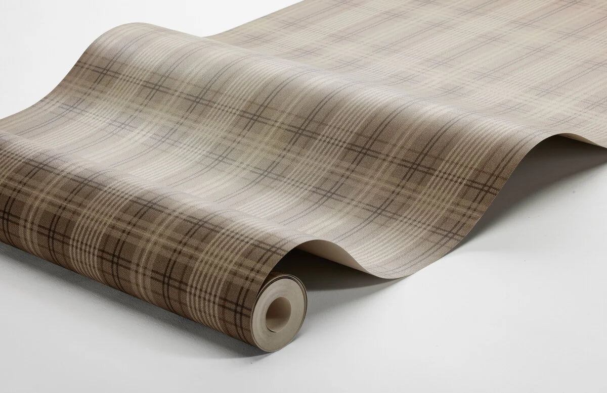Behang met geometrisch patroon in Schotse ruit TAILOR’S TWEED bruin met beige