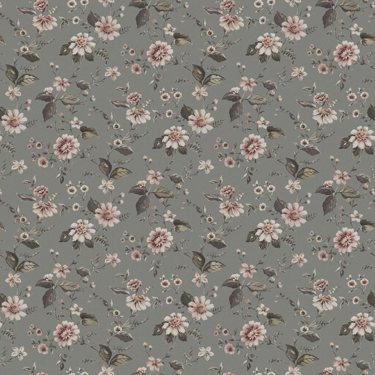 Structural mural with a floral pattern of MARION’S flowers in gray with pink