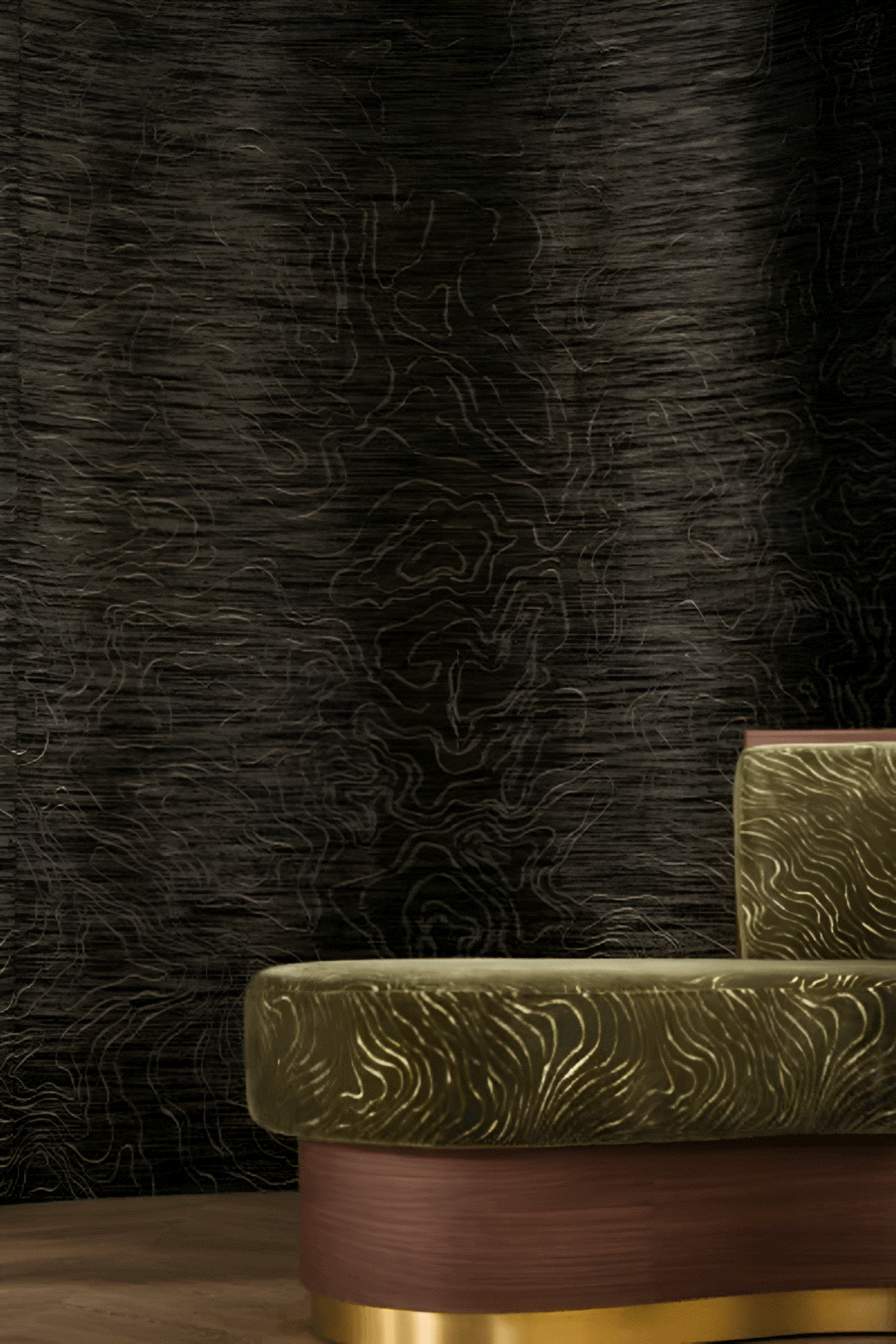 Strukturierter Textilwandbelag ONDES PRÉCIEUSES - SCHWARZ GOLD mit goldenen Akzenten