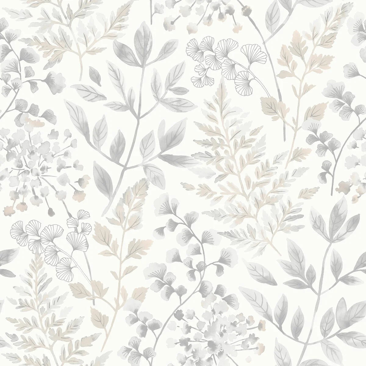 Non-woven paper wallpaper with a botanical pattern SIGRID muted gray with beige