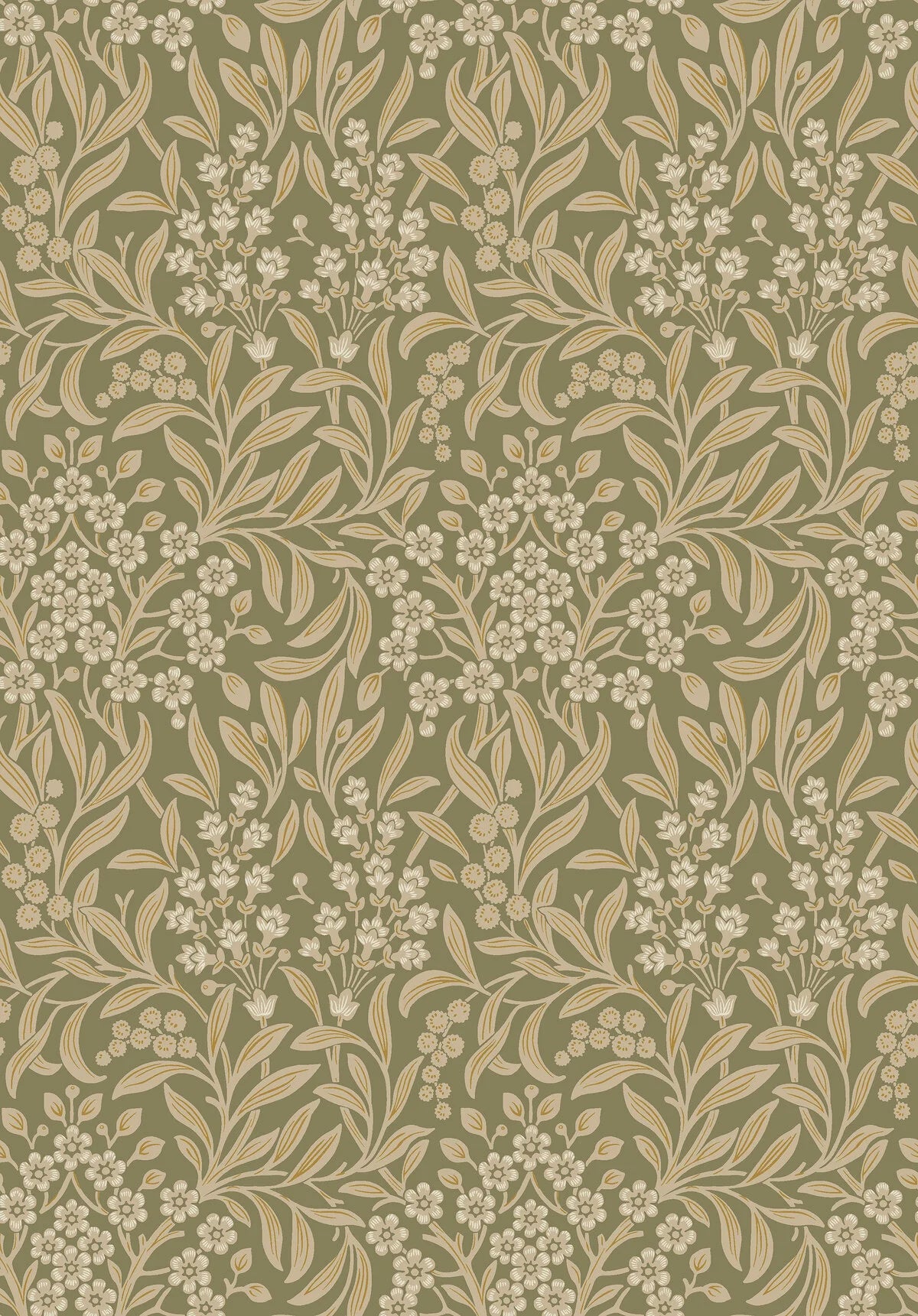 Non-woven paper wallpaper with a plant pattern KRYDDHYLLAN green with beige