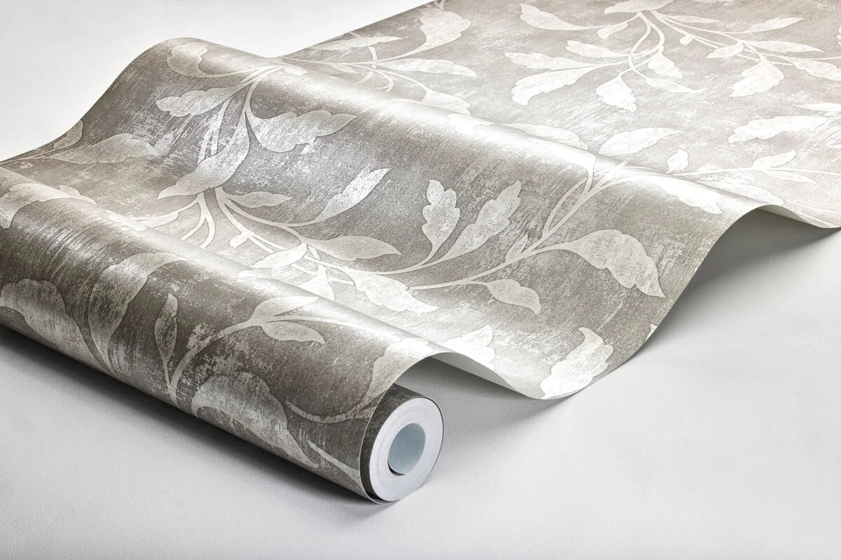 Vliesbehang van papier met een plantaardig patroon ROSEWOOD NIGHT grijs