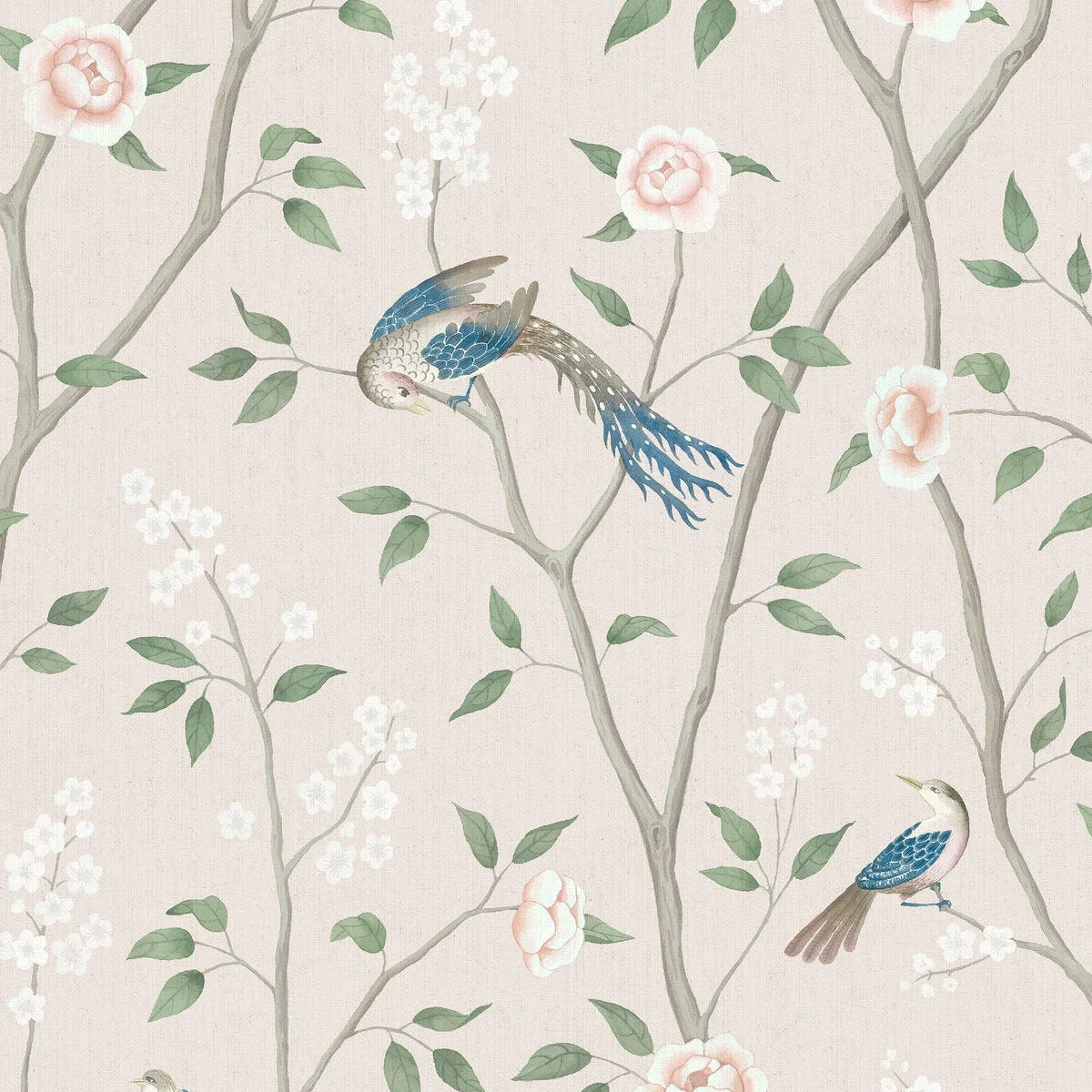 Non-woven paper wallpaper with a botanical pattern PARADISE BIRDS beige with green and pink