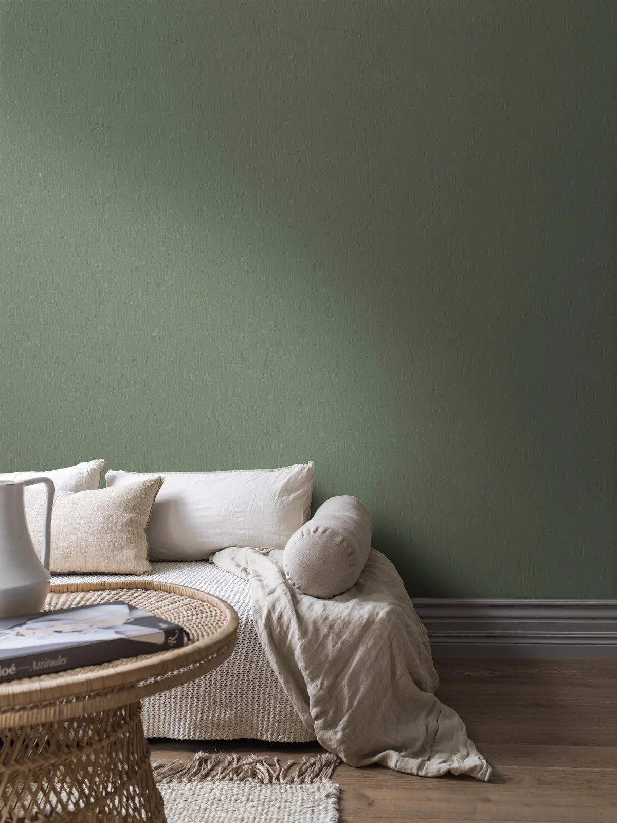 Tapeta strukturalna imitująca len LINEN - FOREST ciemny zielony – styl minimalistyczny