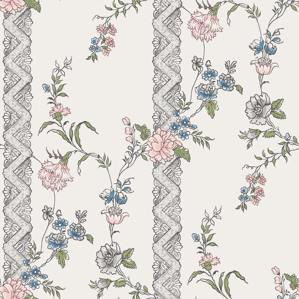 Striped wallpaper with a floral pattern SLOTTSTEATERN white with gray