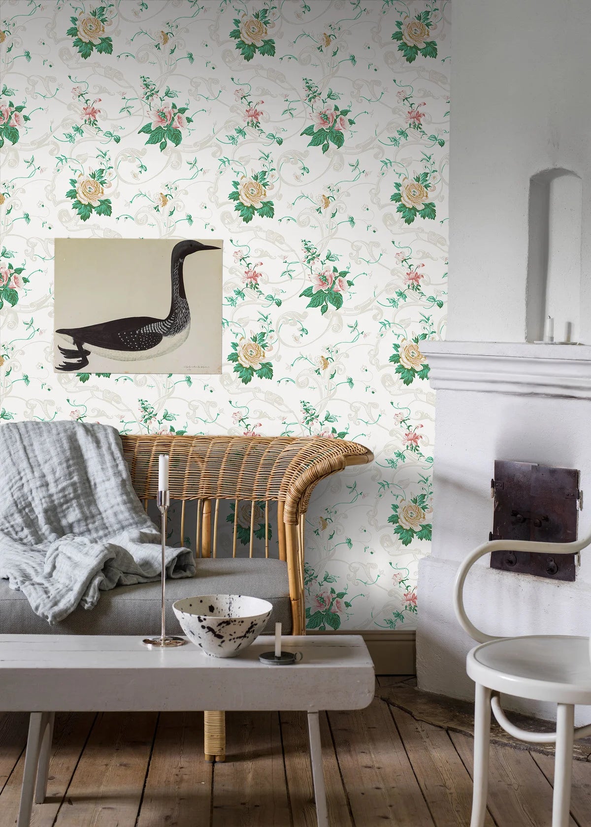 Vliesbehang met plantaal patroon KRUSENBERG warm wit met groen