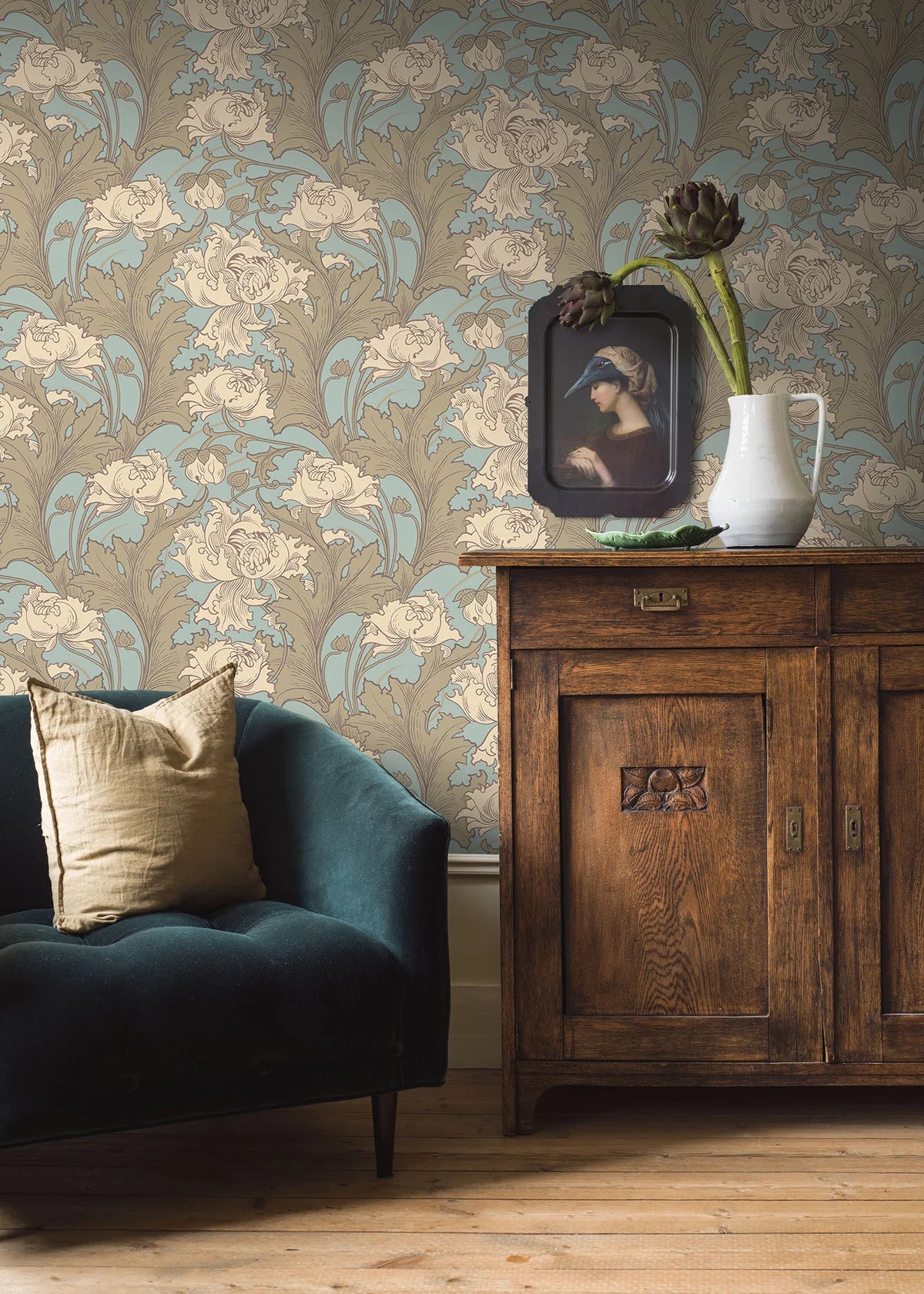 Vliesbehang met plantaal patroon SIRI crème met turquoise