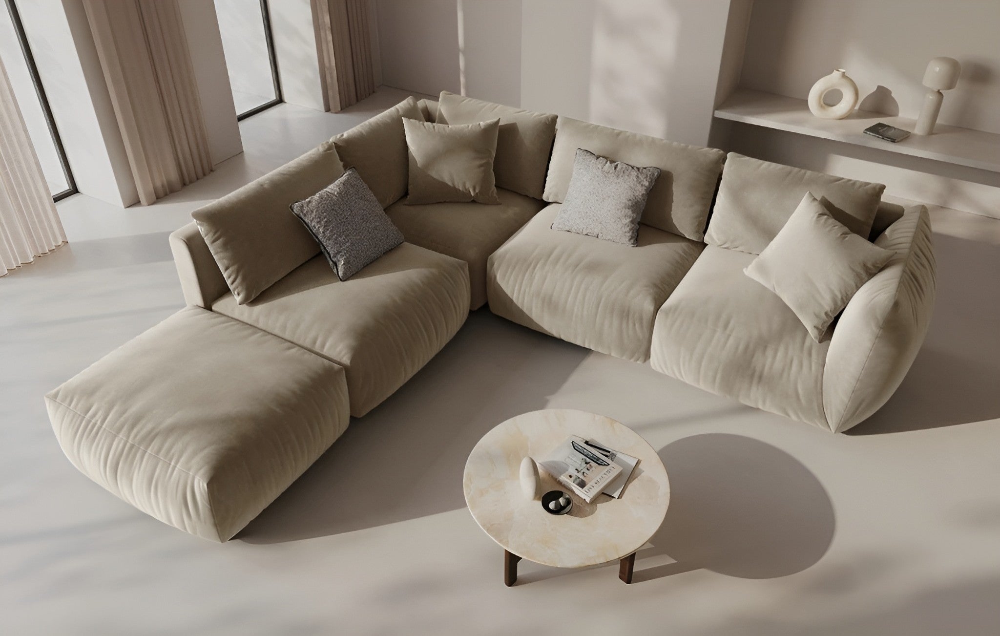 Sofa modułowa aksamitna CHRIS - element prawostronny piaskowy do salonu