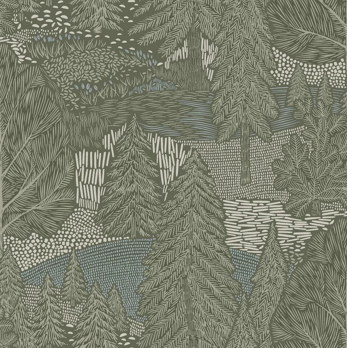 Tapete mit Pflanzenmotiv Bäume NORTHERN FOREST gedämpftes Grün