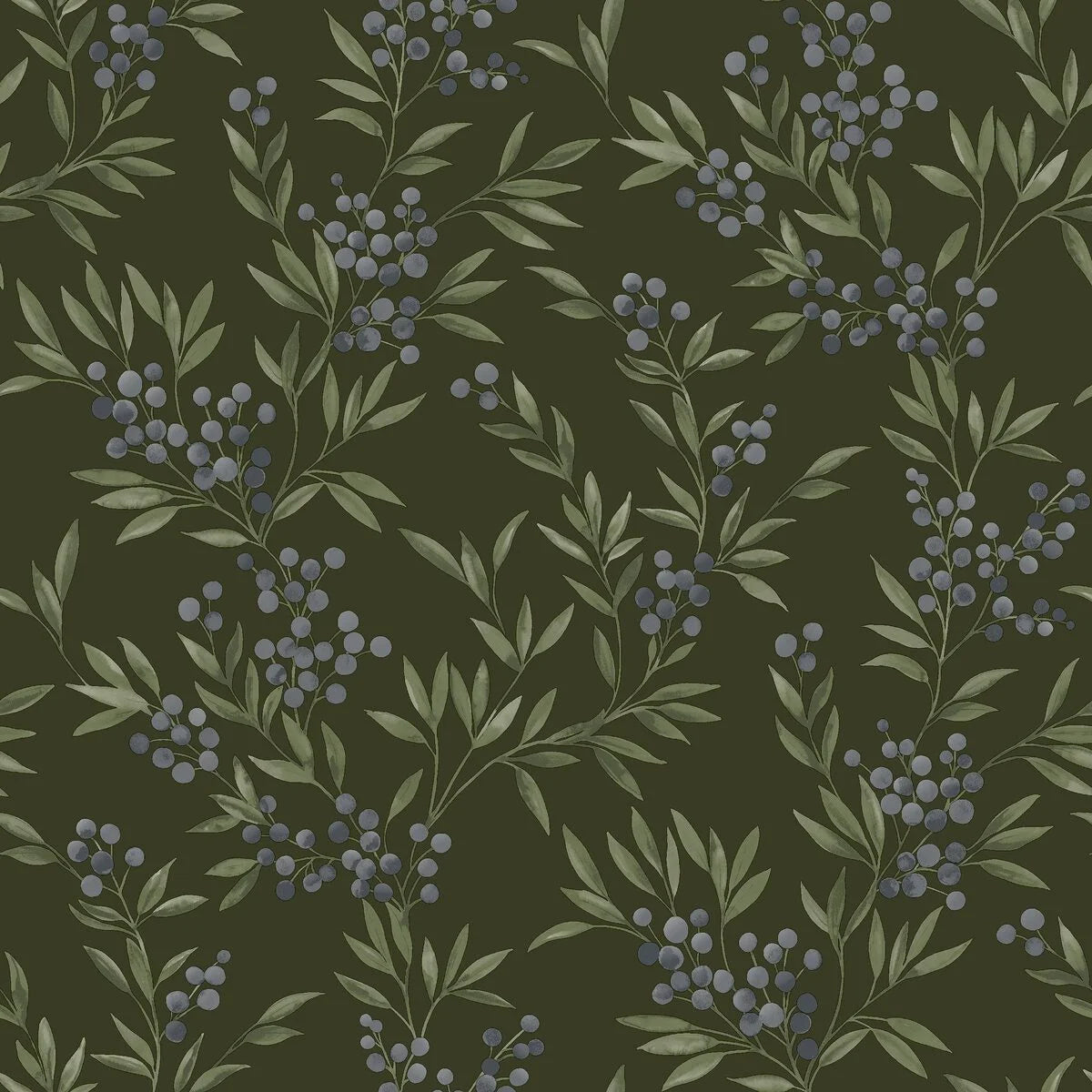 Behang met plantenmotief FOREST BERRIES groen met blauw