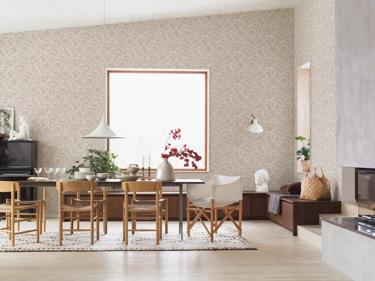 Vliesbehang met abstract patroon CURVE beige met wit